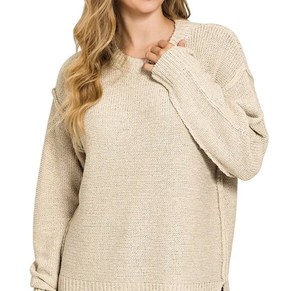 ✨NWT Zenana Exposed Seam Round Neck Sweater - Picture 1 of 3
